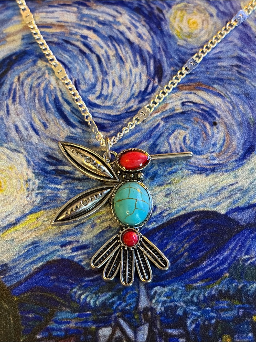 Turquoise and Red Hummingbird Pendant Necklace - Silver Tone
